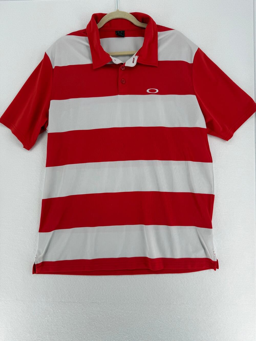 Oakley Men’s XL Red Gray Striped Performance Golf Polo Shirt Short Sleeve